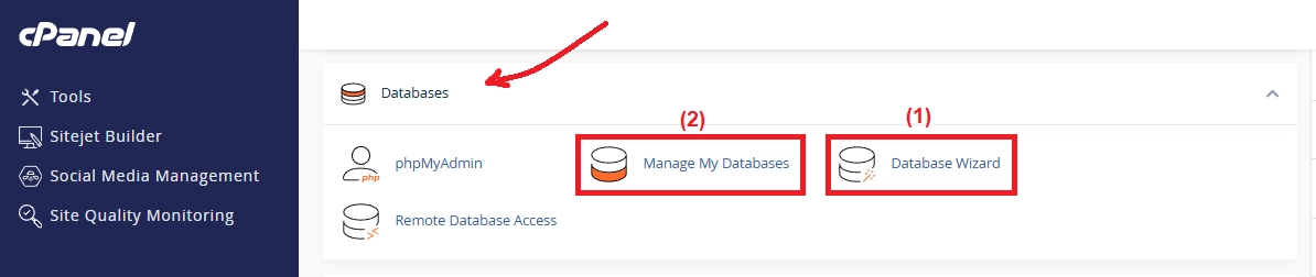 تصویر بخش مدیریت دیتابیس در cPanel
